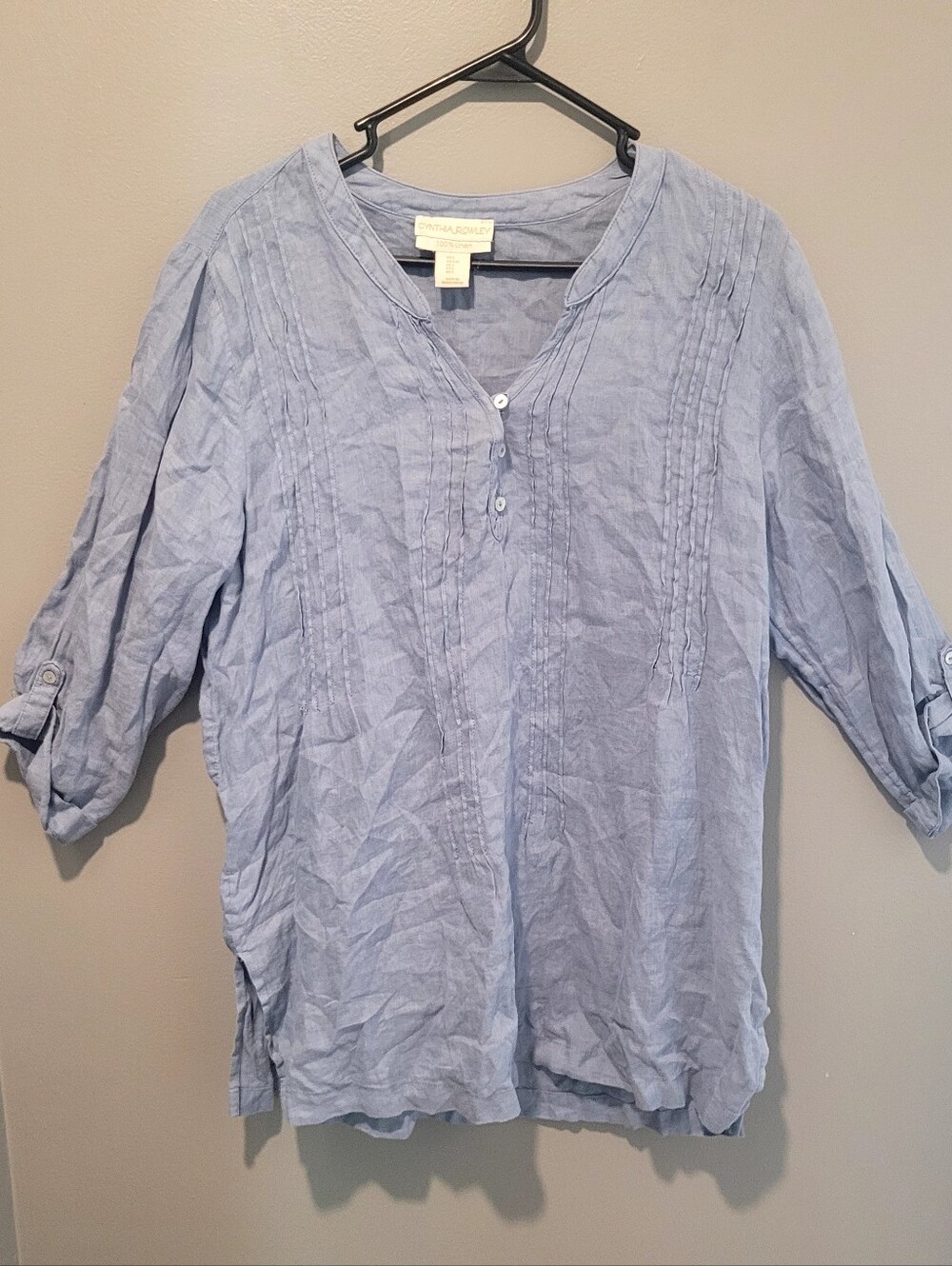 Cynthia Rowley Blue Pintuck 100% Linen Top Sz Lg